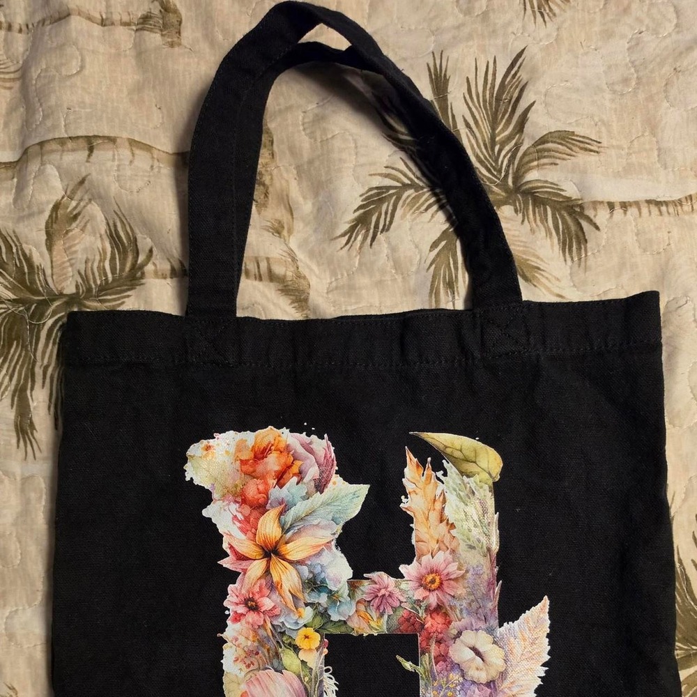 Black Canvas Tote Bag Floral Initial H Graphic Reusable Shopper Shoulder Bag